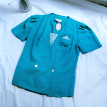 Load image into Gallery viewer, 80s Teal Colored Puff Sleeve Blouse
